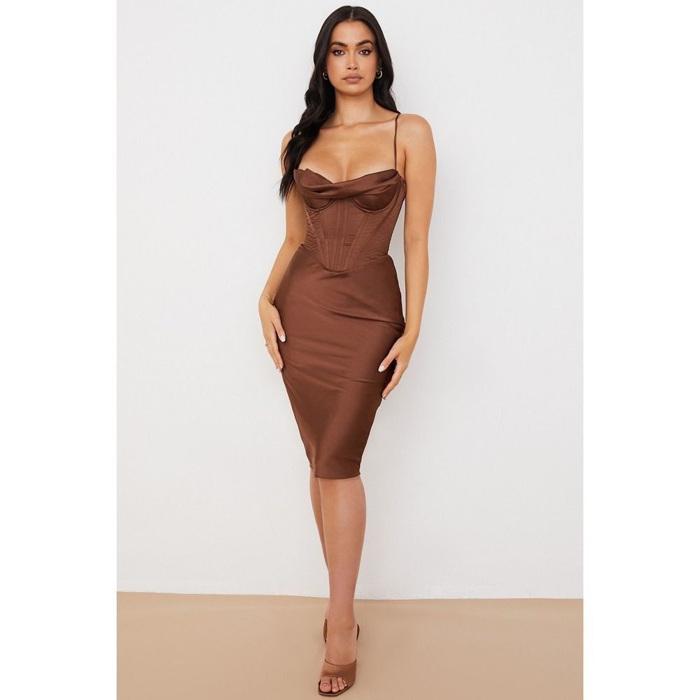 House of CB Myrna Brown Corset Midi Dress Satin,Bodycon,Date Night,Wedding. Sz M